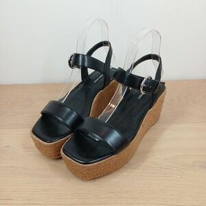 Nine West Women's 7 Black Faux Leather Espadrille Platform Wedge Sandals Buckle